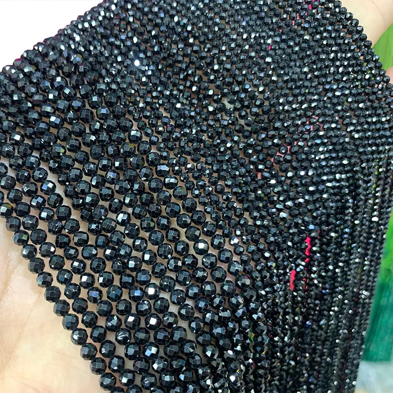 LUOMANXIARI Natural Faceted  Round Black Spinel Stone Beads For Jewelry Making DIY Bracelet Necklace Charms 2/3/4MM 15''