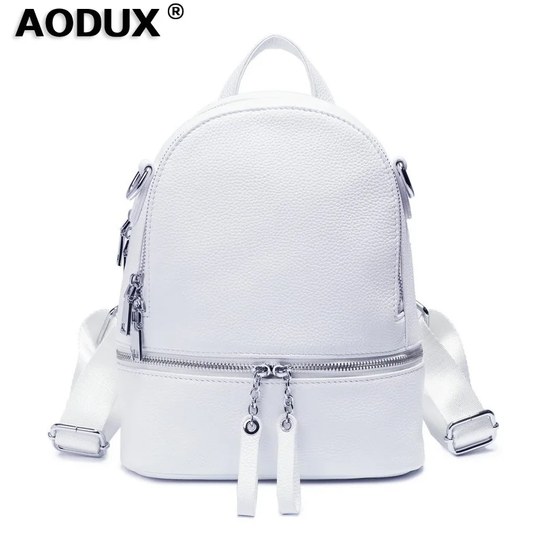 Aodux Casual Silver Hardware 100% Genuine Cow Leather Women Design Backpack Lady Girl Top Layer Cowhide Book Bag Style Knapsack