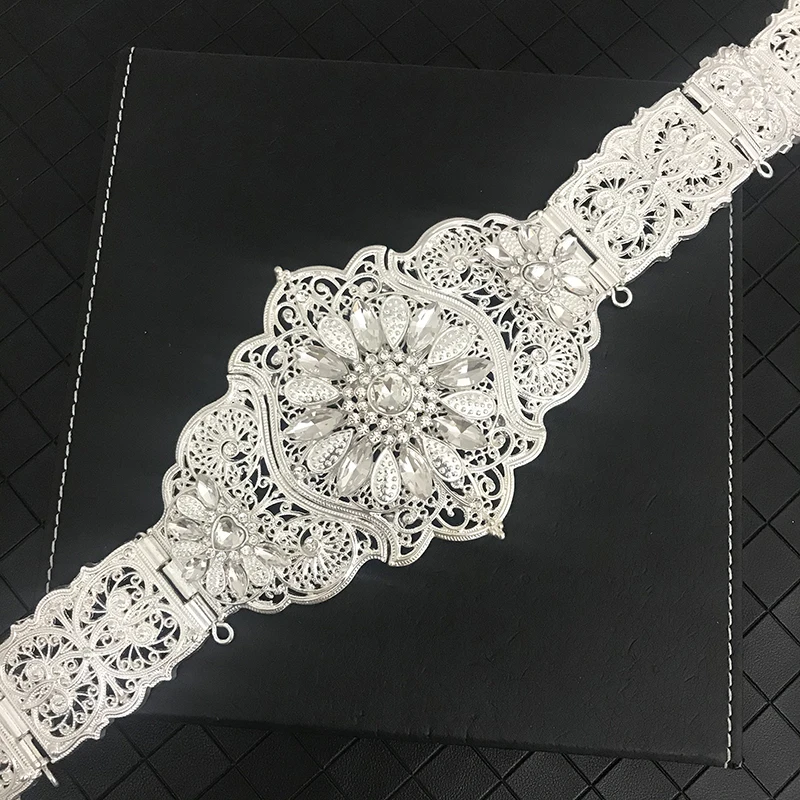 Large Size European Women Silver Color Belt Heart Shape White Sparkly Crystal Ethnic Wedding Dress Caftan Jewelry Bridal