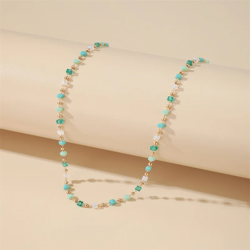 Bohemian Colorful Bead Chain Choker Necklace For Women Green Crystal Bead Chain Necklace Charm Handmade Party Jewelry