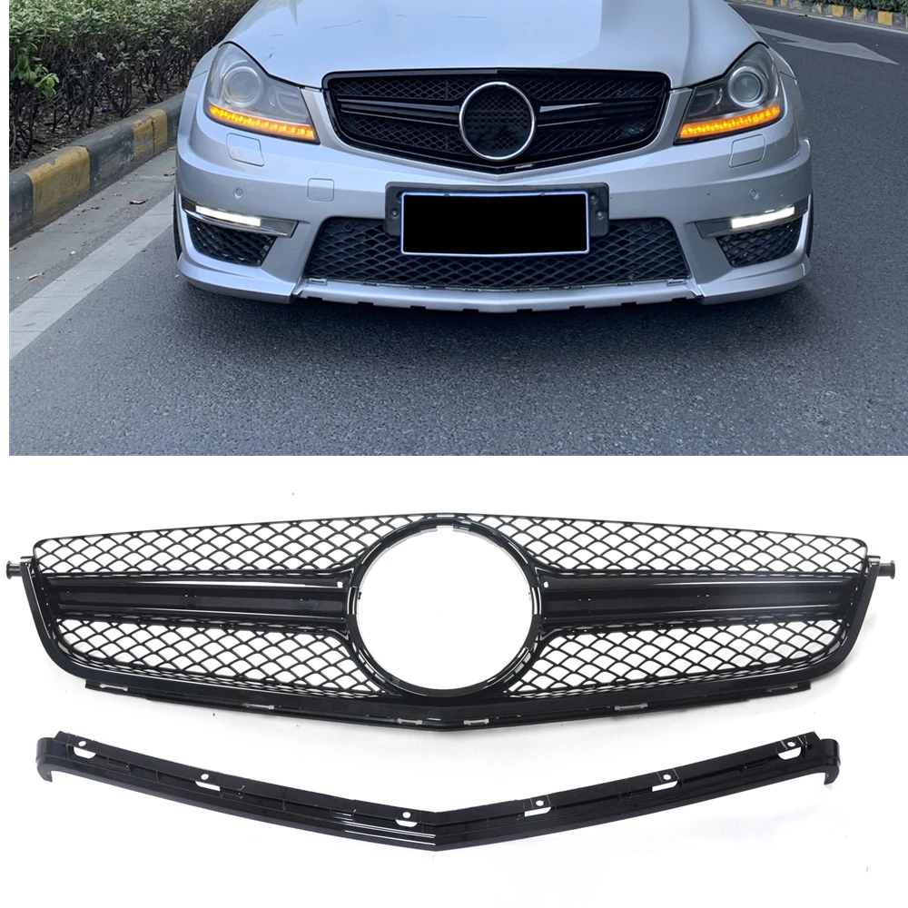 

For Mercedes-Benz W204 C63 AMG 2012-2014 Only Front Grille W/ Grill Frame Cover Trim Overlay Black Car Upper Bumper Hood Mesh