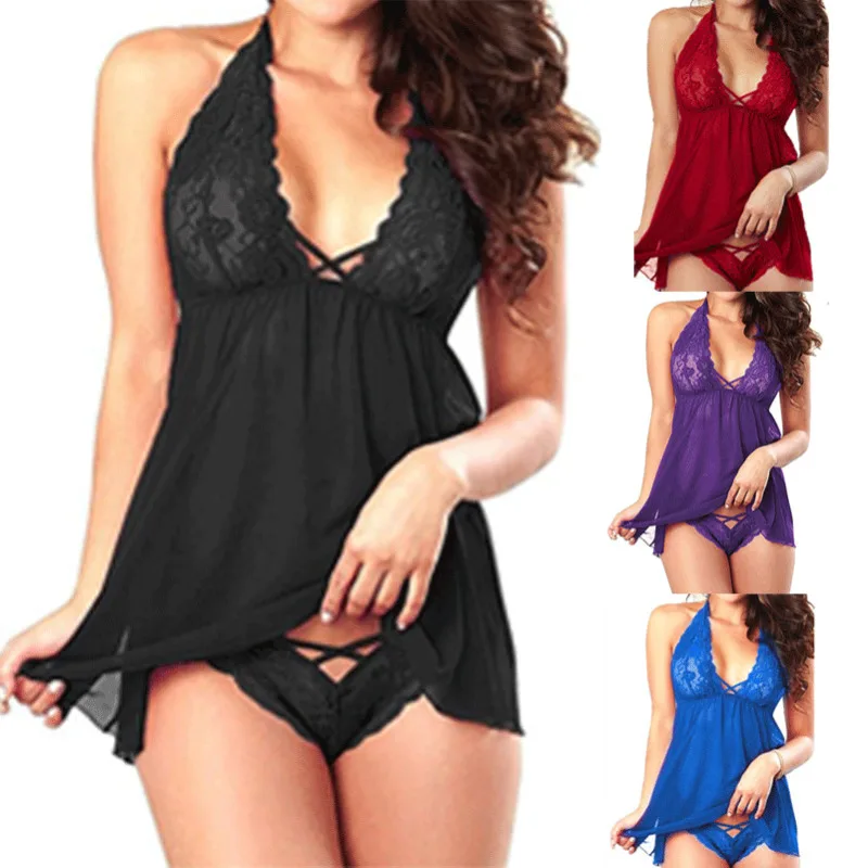 S-2XL 섹시한 란제리 여성 레이스 속옷 레이스 v 넥 란제리 섹시한 뜨거운 에로틱 베이비 돌 수면 드레스