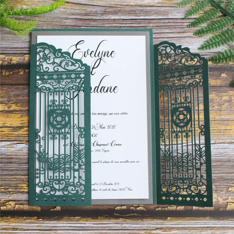 Dark green rustic wedding invitation customized insert card design with grey backing border party decor