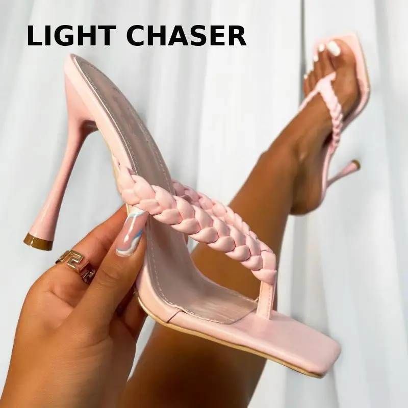 Summer Fashion Woven Candy-colored Flip-flops With Square Toe Sandals And Slippers Women's Open-toed Large Size Stiletto Heels