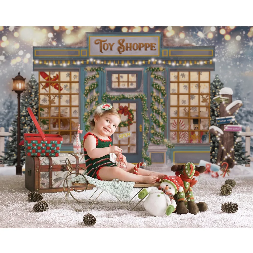 Mainan Musim Dingin Shoppe latar belakang Natal Photocall Bokeh salju manusia salju potret latar belakang fotografi pohon Snowfiled latar belakang