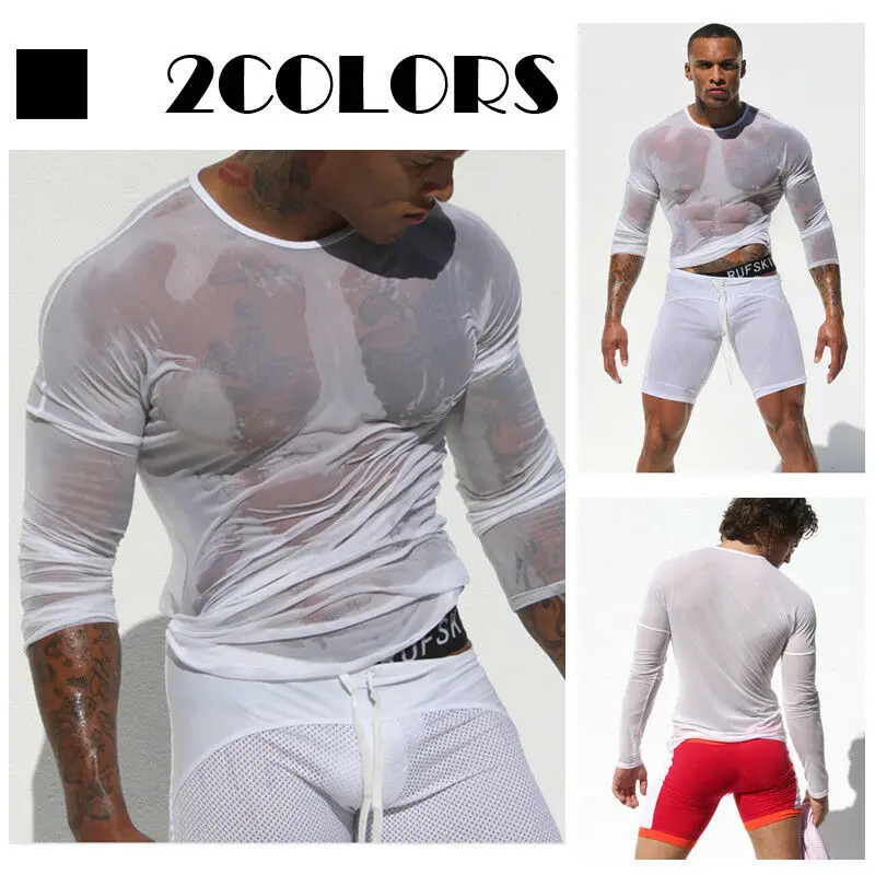 Hirigin Mens Undershirt Gay clothing Nylon Mesh Shirt See Through Sheer Long Sleeves T Shirts Sexy transparent shirt Underwear