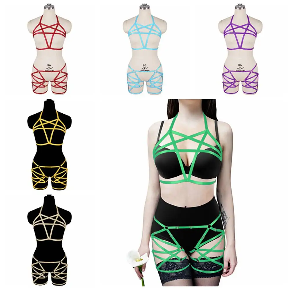 

Pentagram Harness For Women Elastic Adjust Waistband Suspender Belt Bondage Bralette Strappy Tops Pastel Goth Sexy Lingerie Set