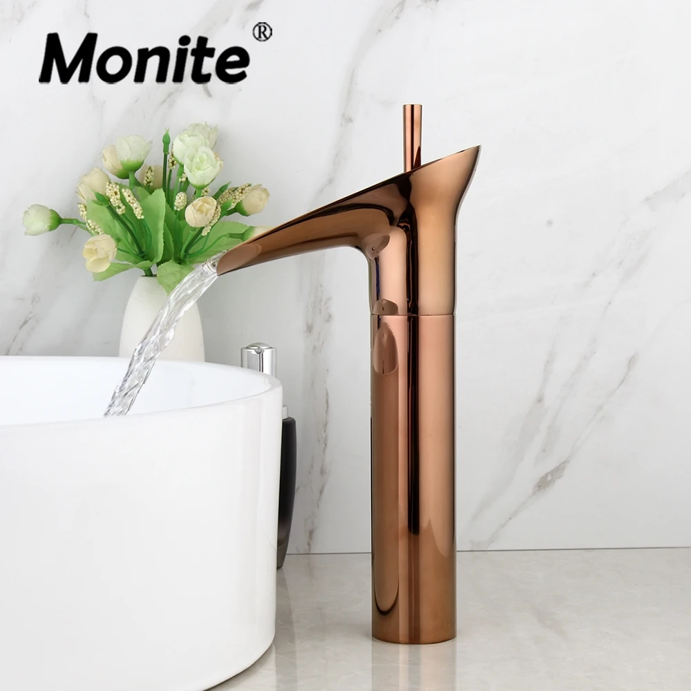 Monite Luxury Rose Golden Bathroom Basin Faucet Single Handle Waterfall Mixer Tap Hot & Cold Wash Basin Sink Mixer Faucet