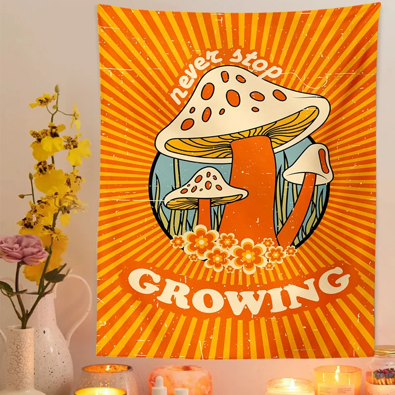 Retro 70s 60s Mushroom Tapestry Wall Hanging Never Stop Growing Tapestries Hippie Home Decor Sun and Moon Witchy Boho Wall Art