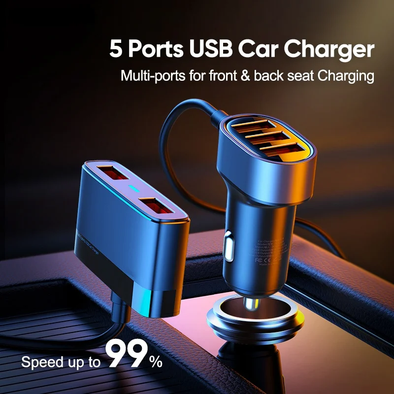 5 Multi Ports Car Charger Adapter 31W Fast USB Car Charger for Smart Phone 5V 6.2A with 1.5m Cable for Back Seat Fast Charging