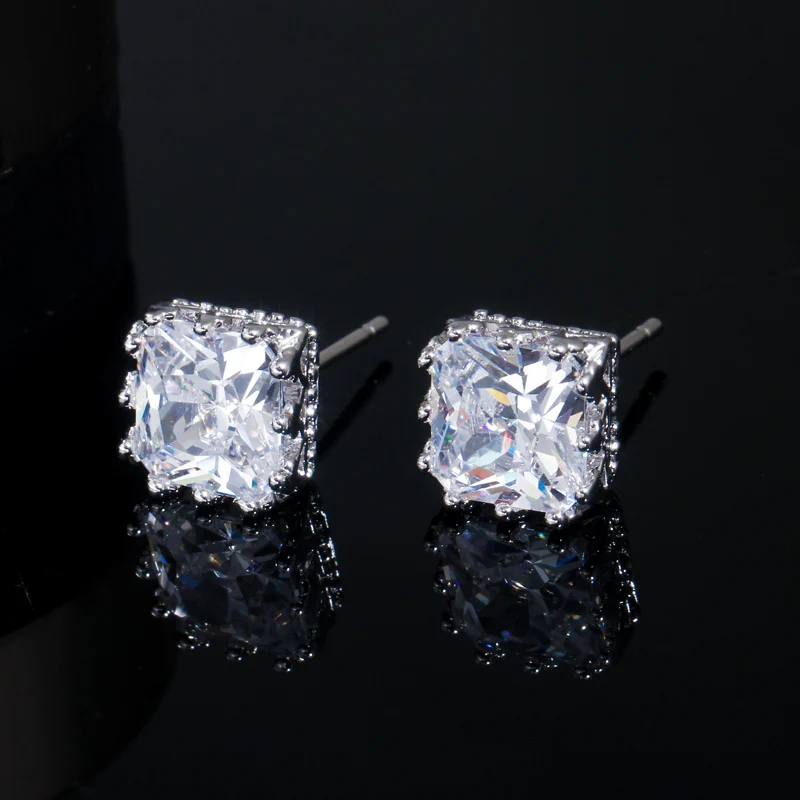 CWWZircons 2022 new design white gold color square crown 5A cubic zirconia big post stud earrings for women CZ029