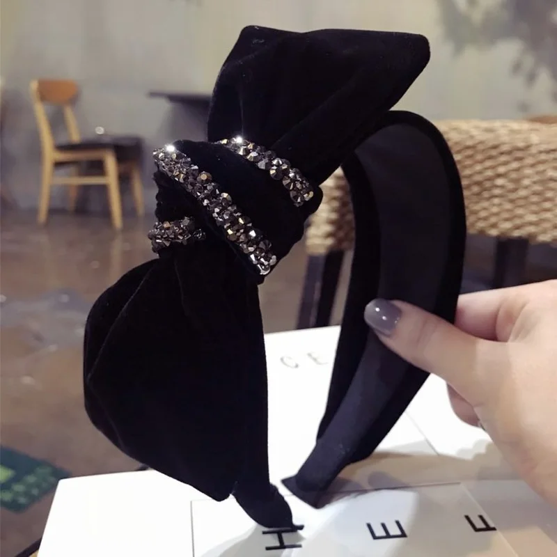 South Korea's new high-end flannel handmade diamond-studded super flash luxury big bow wide-brim hair band ladies headband