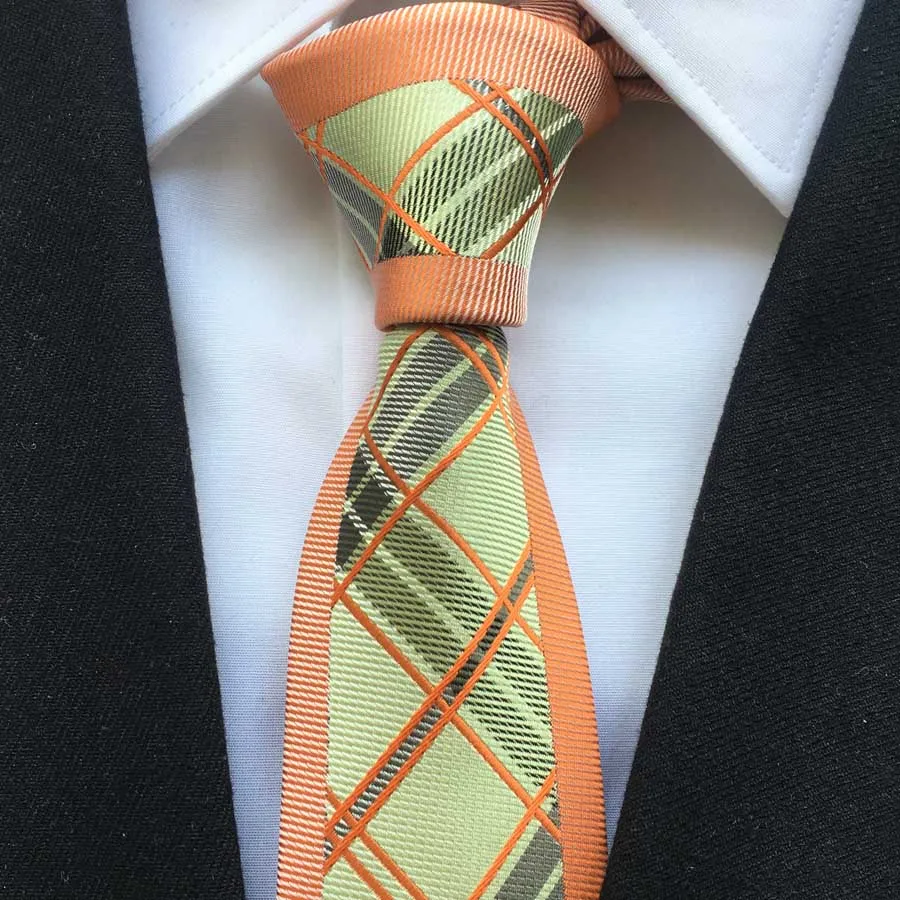 Men's Ties Novelty Panel Neck Tie Designer Orange Border with Light Green Plaids Cravates for Men