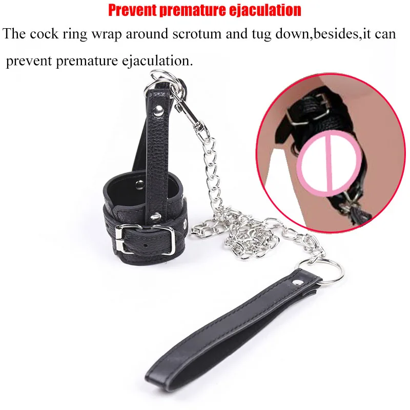 Leather Ball Stretcher ,Humiliating Chastity Cage Cockring Leash Set, Wrap Around Scrotum Cock Ring,Sex Toys For Men