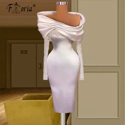 Graceful Ivory Satin Cocktail Dress Beads Pearls Tea Length Long Sleeve Prom Party Dresses Vestido de Festa Robe De Cocktail