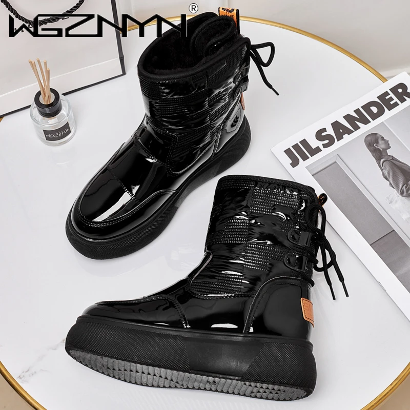 2023 Winter Woman Boots Female Keep Warm Women\'s Patent Leather Boots New Arrival Waterproof Female Shoes Plus Size Botas Mujer