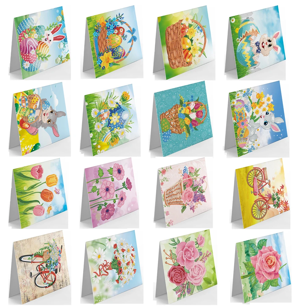 New DIY Diamond Painting Greeting Card 8 Pieces Easter Bunny Egg Card Handmade Mosaic Diamond Embroidered Greeting Card Gift