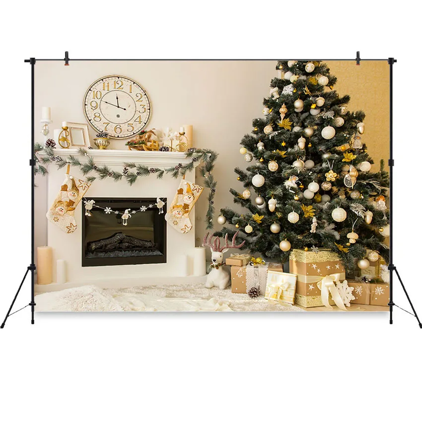 Mocsicka Christmas Backdrop Indoor Fireplace Clock Photographic Background Christmas Tree Background for Photo Studio