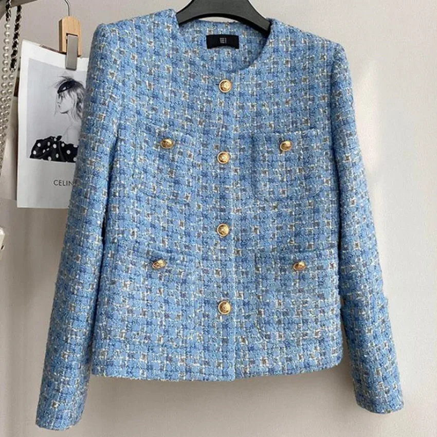 

French style autumn small fragrance tweed short jacket women o-neck single breasted outwear