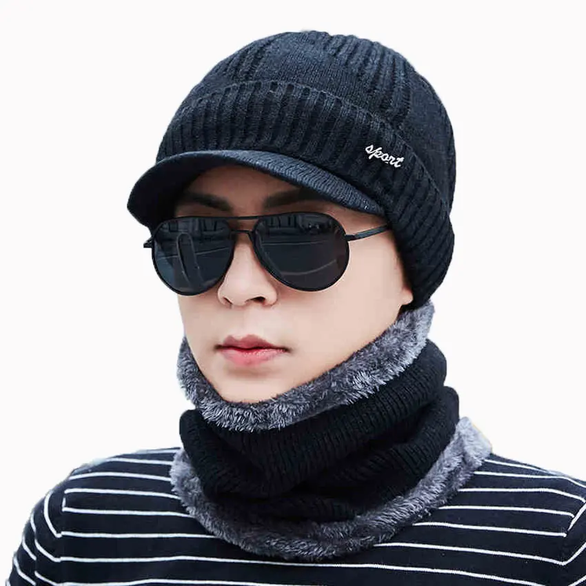 

Men Winter Hat And Scarf Set For Women Scarves Cap With Brim Knitted Visor Skullies Beanies Male Balaclava Adult Warm 2 Pcs Suit