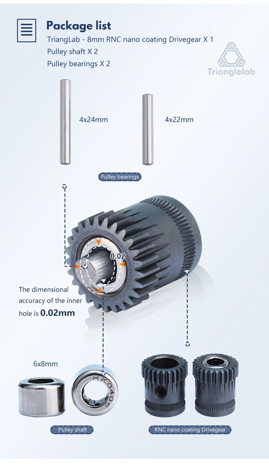 Trianglelab 1,75MM RNC Nano-beschichtetes ID 8mm Antriebszahnrad-Kit, Doppelantriebszahnrad für Orbiter Extruder V1.5 Bowden Extruder Kit – Detail 6