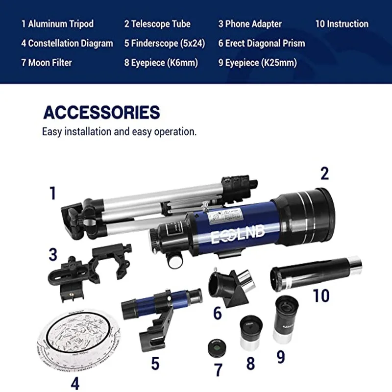 Télescope F36070 pour enfants avec adaptateur de téléphone, 70mm, pour débutants, pour l'astronomie, avec trépied réglable, lentille 3X Barlow