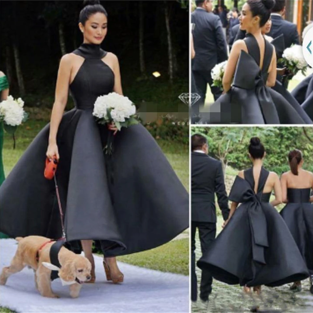 

High Neck Sleeveless Evening Dress Tea-Length NONE Train Satin Bow Formal Dresses Custom Prom Party Gown New Black