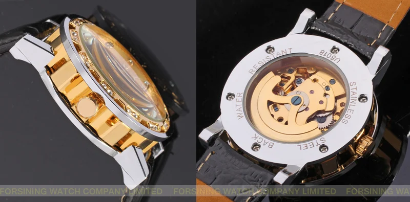 Forsining Mode Trend Mannen En Vrouwen Gold Hollow Dial Ontwerp Zwarte Lederen Band Automatische Mechanische Polshorloge