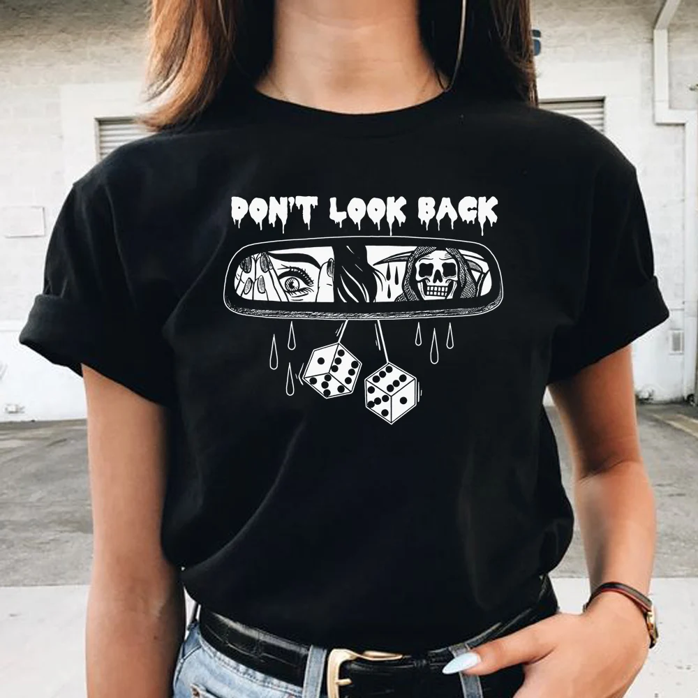 Don't Look Back Gothic T Shirt Women Skeleton Devil Horror Tshirt Casual Oversize Short Sleeve Tee Halloween Tops Grunge Clothes