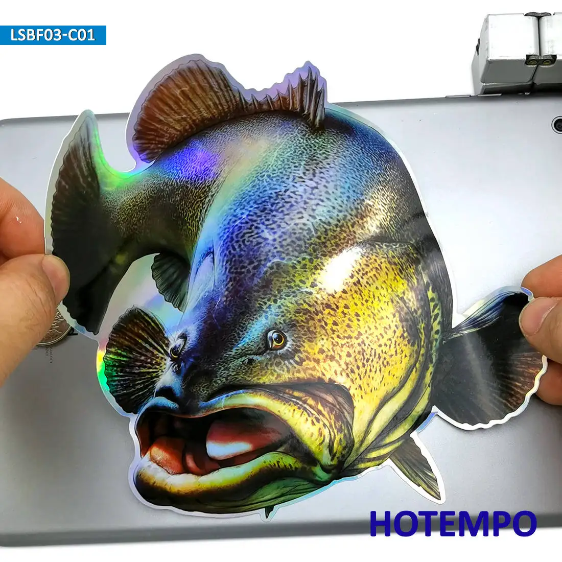 20cm Laser Flash Brown Grouper Bass Big Sea Fish Waterproof Sticker for Fisherman Fishing Boats Suitcase Motorcycle Car Stickers