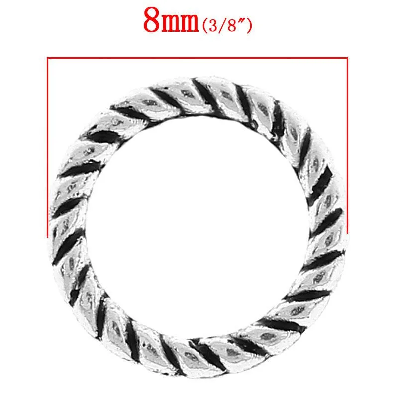 Zinc metal alloy Closed Soldered Jump Rings Round silver color Stripe Pattern 8mm( 3/8