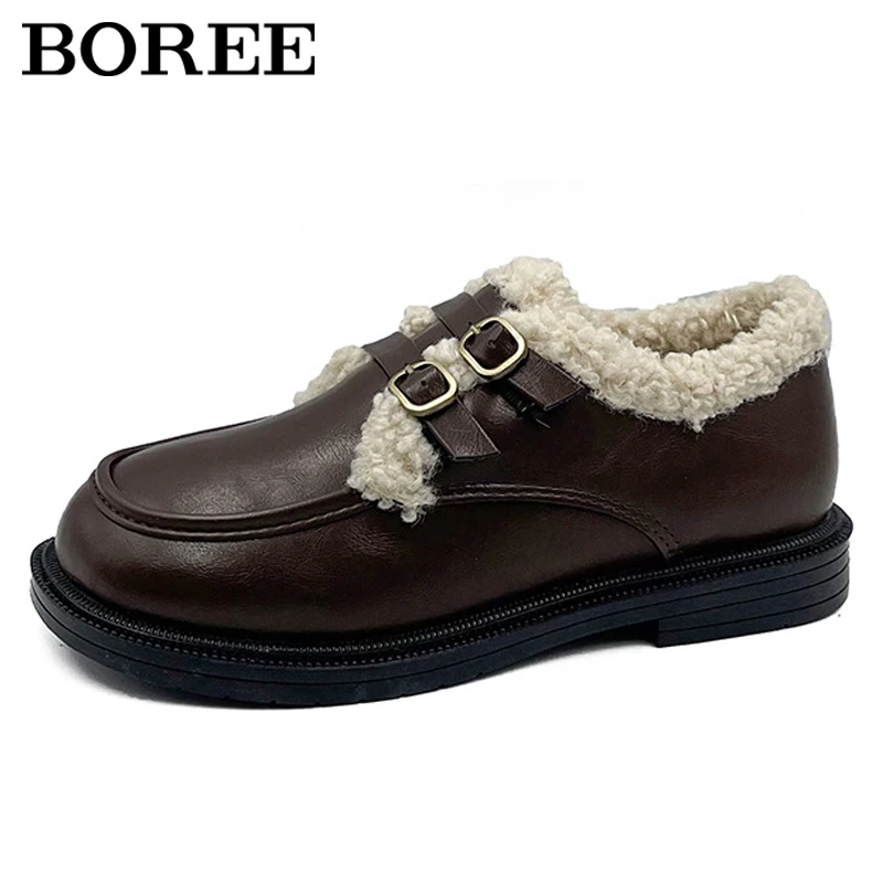 

Женская зимняя обувь, теплая плюшевая кожаная обувь, водонепроницаемая женская обувь без шнуровки, модные повседневные лоферы на плоской подошве, ботильоны для женщин