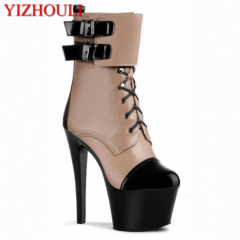 15-17cm buckle color block ankle boots women fashion strappy short boots winter footwear high heel shoes motorcycle boots