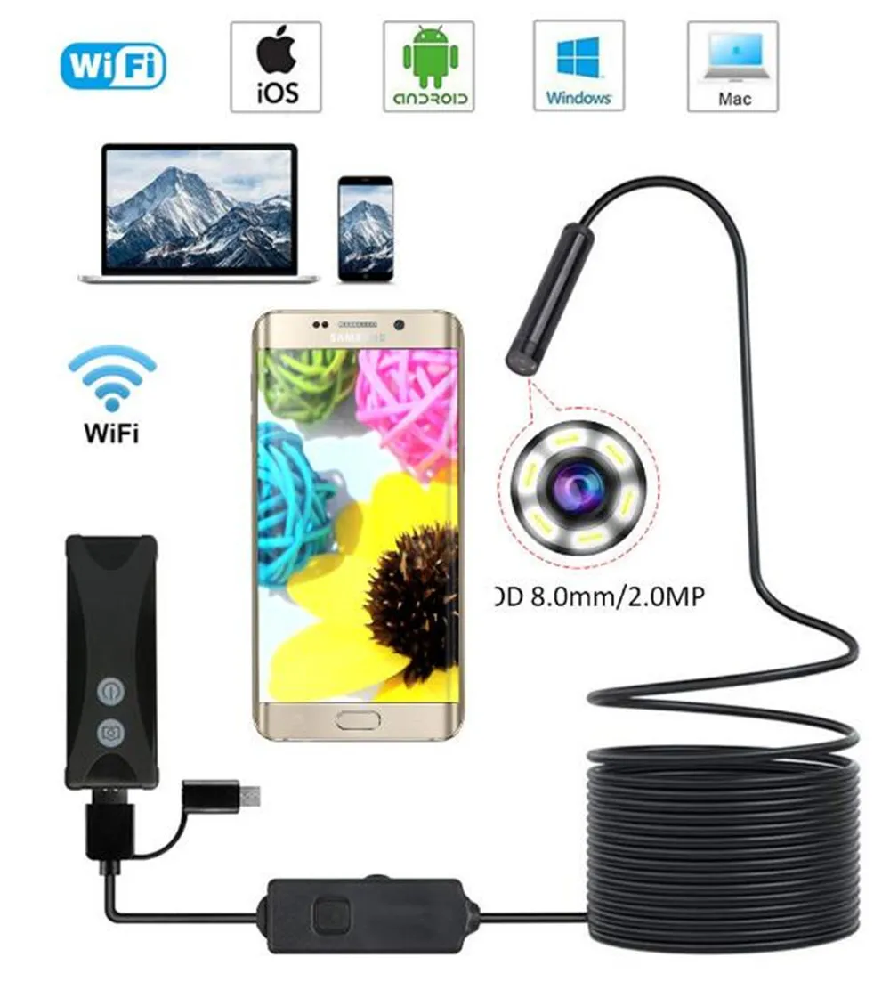 2MP 1200P WIFI/USB Endoscope for iphone&android Wireless Inspection Borescope Camera Handheld Otoscope