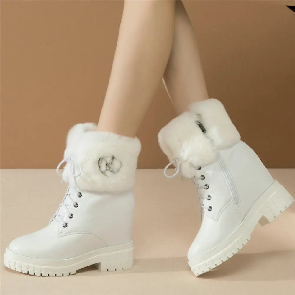 Height Increasing Snow Boots Women Lace Up Genuine Leather High Heel Ankle Boots Female Winter Warm Fur Pumps Shoes Casual Shoes