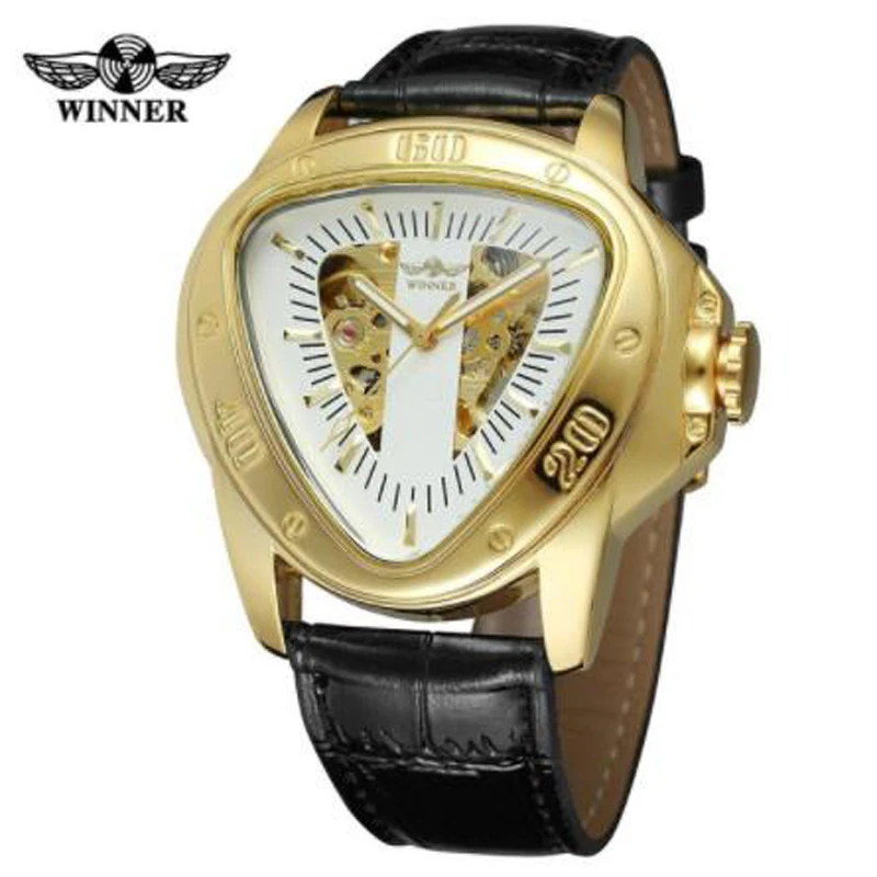 

Winner Brand Hollow Automatic Mechanical Men Clock Racing Sports Design Triangle Dial Skeleton Wrist Watches Luxury Black Golden