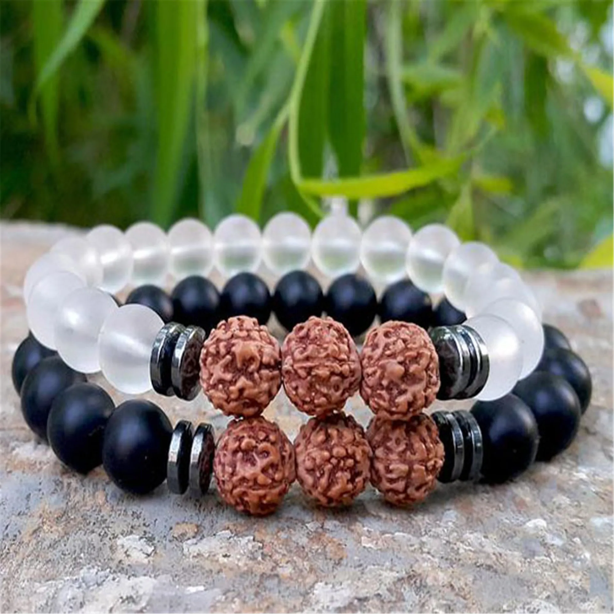 Reikipcs 8mm Natural Black Onyx Rudraksha Handmade Mala Bracelet Buddhism Pray Stretchy Healing Fancy Spirituality Yoga