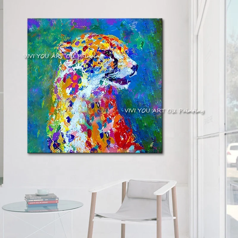 Hand-Painted Vibrant Multicolor Leopard Portrait Oil Art, Textured Wildlife Animal Canvas Wall Art