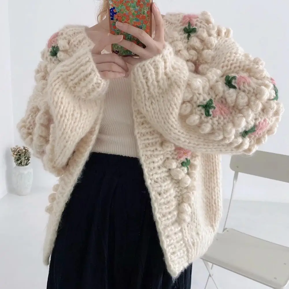 2020 embroidery Knitted Sweater Women Cardigan Befree Harajuku Flower Pull Femme Hiver Leisure Time Coat Truien Dames Autumn