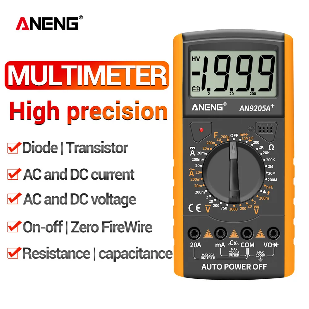 AN9205A AC DC Digital Multimeter Test Voltmeter Resistance Capacitance LCD Display 2000 counts Transistor Diode Meter Tester