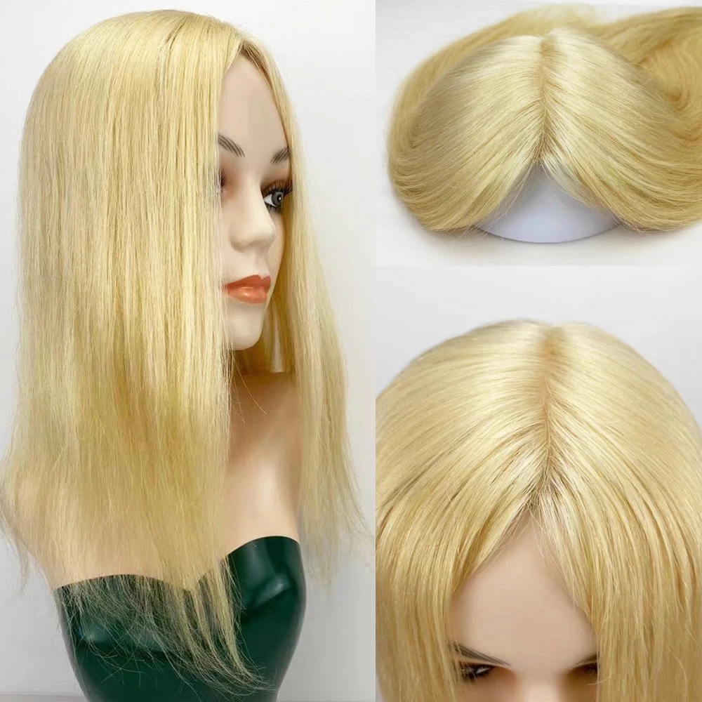 European Virgin Long Human Hair Topper for Women Silk Skin Base 613 Ash Blonde Fine Hairpiece Toupee with 4 Clip Ins 5X5 5X7 6X6