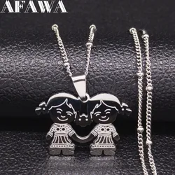 Family Two Girl Stainless Steel Necklace Women Silver Color Necklaces Jewelry joyeria acero inoxidable mujer N551S01