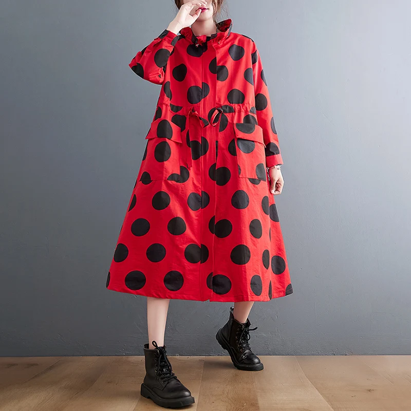 2026 Autumn Winter Oversized Polka Dot Long Trench Coat For Women Clothes Stand Collar Drawstring Fashion Casual Loose Outerwear