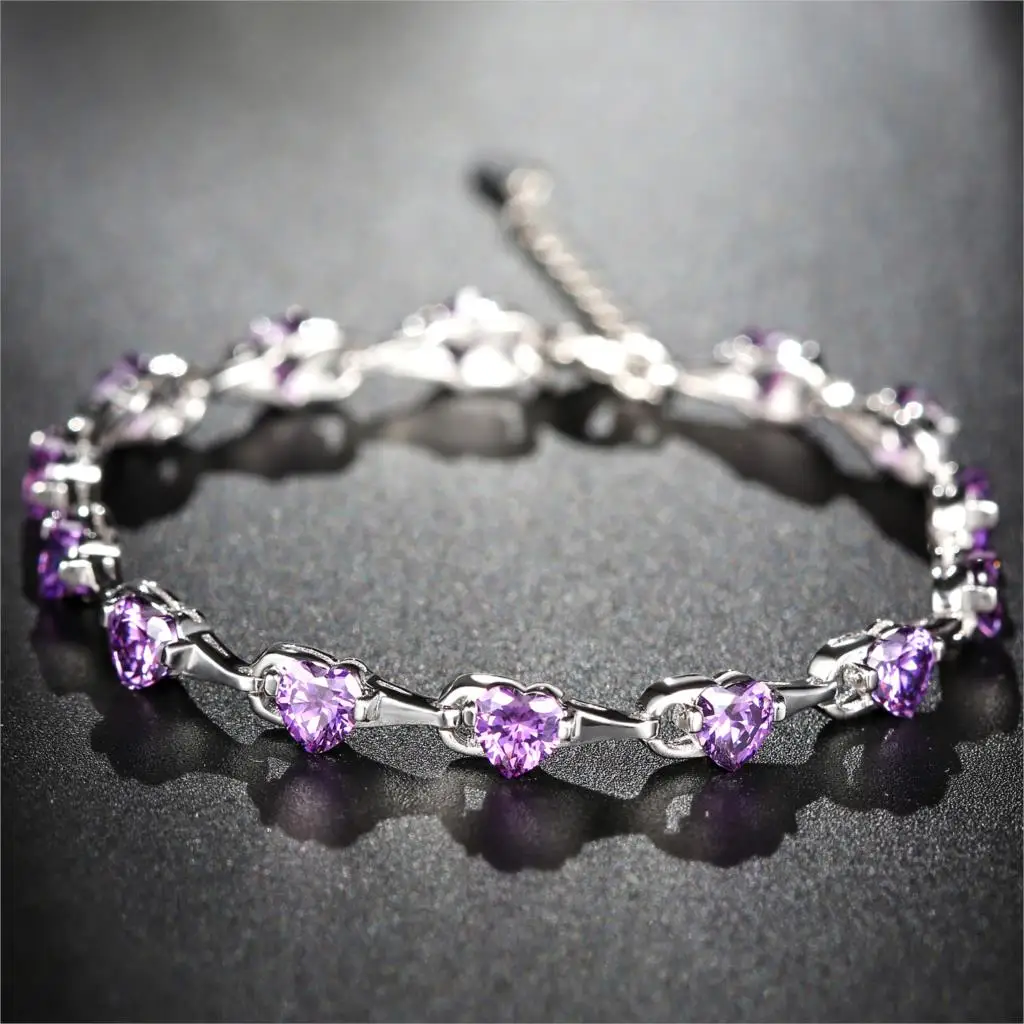 Women Bracelet 925 Sterling Silver Bracelets Love Heart Jewelry Purple Zircon Fashion Charm Bracelets Banquet Decoration Jewelry