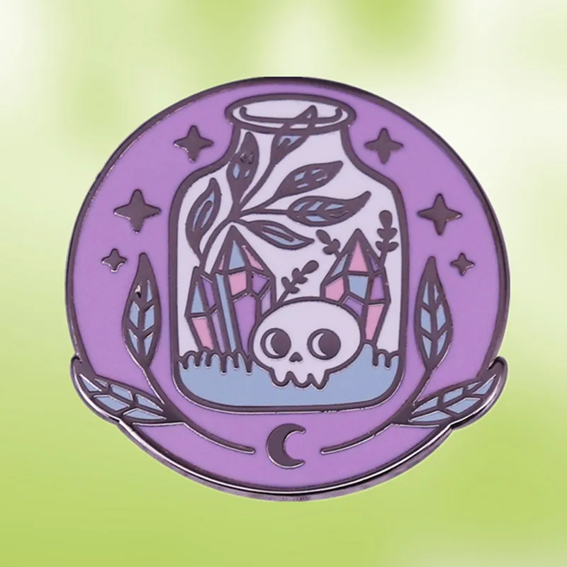 Witchy Crystal skull Potion Bottle Crystal Moon phase Witchcraft Skeleton Enamel pin Brooch Gothic Lapel Punk Badge