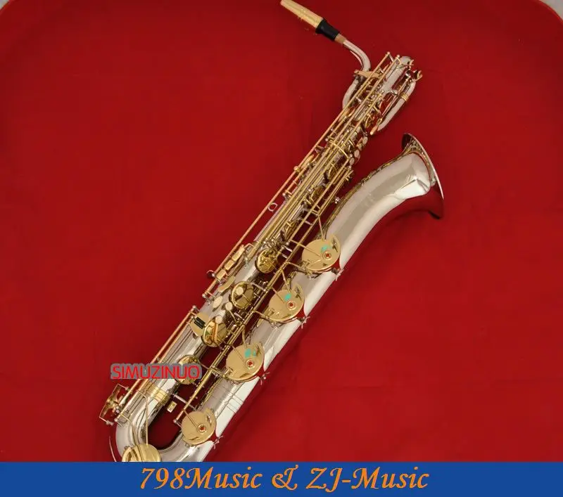 Hot Selling Baritone Saxophone Nickel Plated Tube Gold Lacquer Key Sax High F# With Case And Mouthpiece