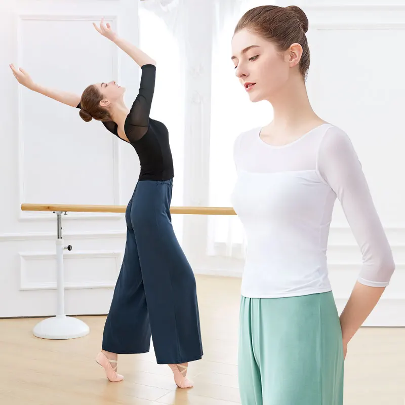 Tops de Ballet para mujer, camisa de Ballet de empalme de malla, ropa elegante para adultos, traje de baile de bailarina de Yoga para mujer