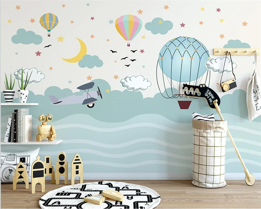 

beibehang Custom modern papier peint nordic hand-painted cartoon hot air balloon starry sky children's room background wallpaper