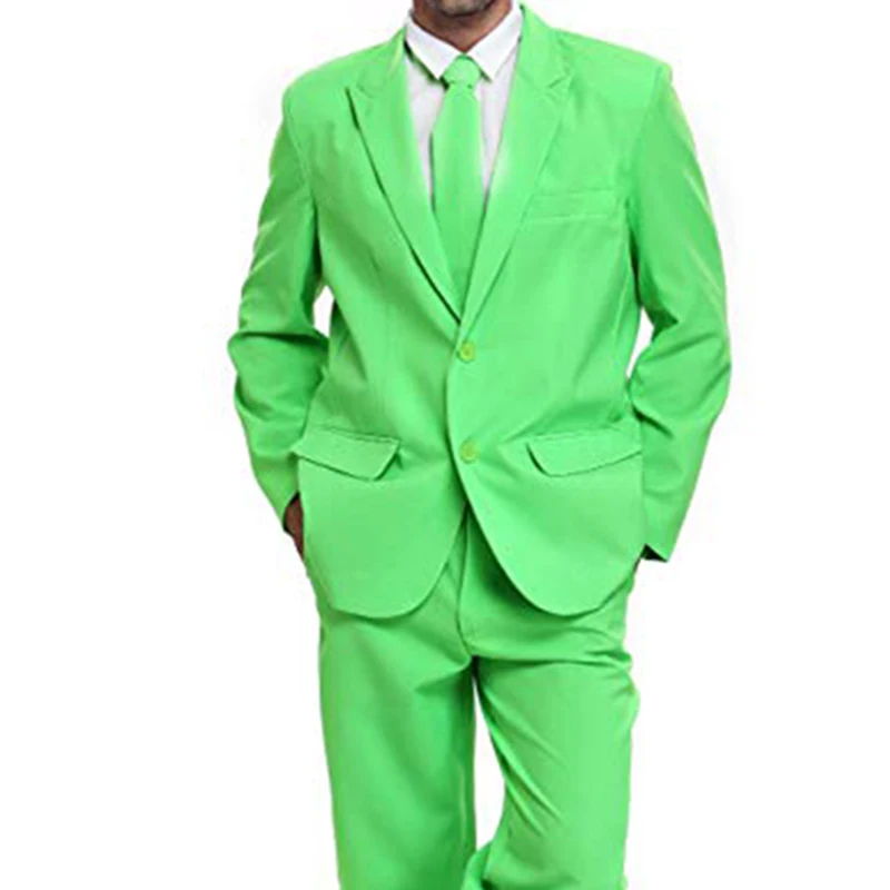 Luminous Green Two Buttons Mens Party Suit Solid Color Leisure Suit for Holiday Party Two Pieces Suit Jacket with Tie & Pants