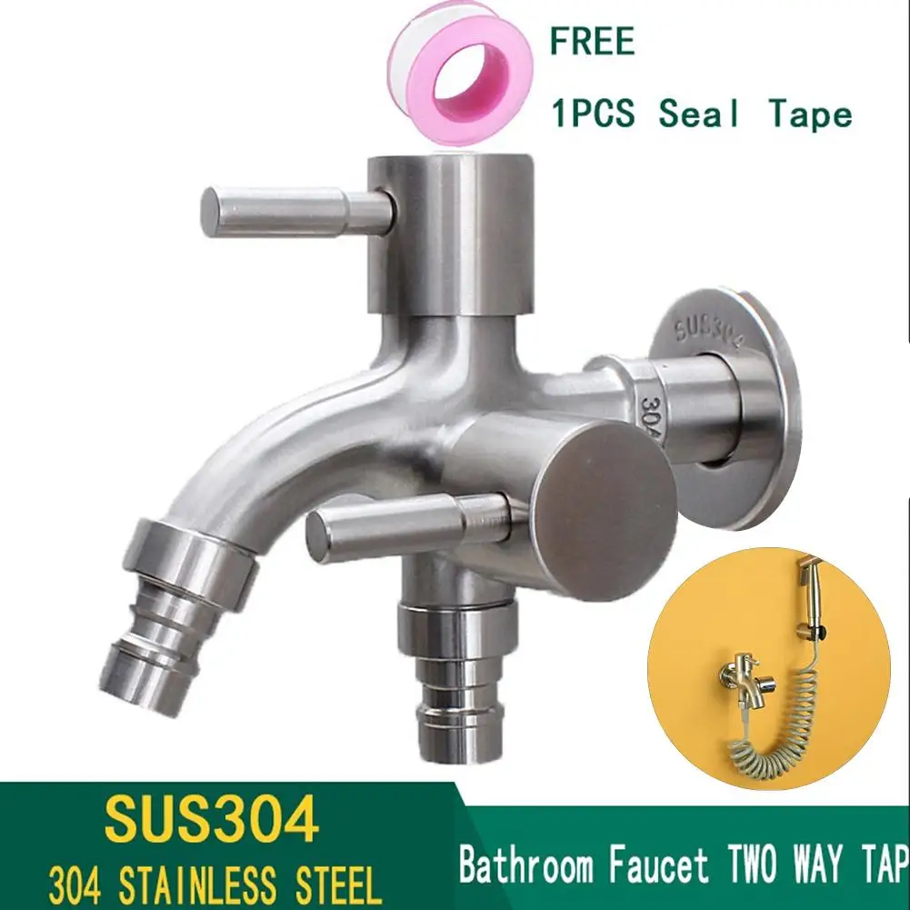 Stainless Steel Washing Machine Faucet 1in 2 out Multifunctional Water Tap Double Bibcock Outdoor Garden Washing Machine Mop Tap